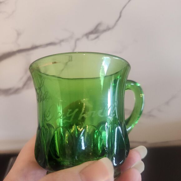 EAPG Antique Green Glass Mini Mugs Colorado Lacy Medallion Set 2 Ohio 1913 VTG - Picture 6 of 7